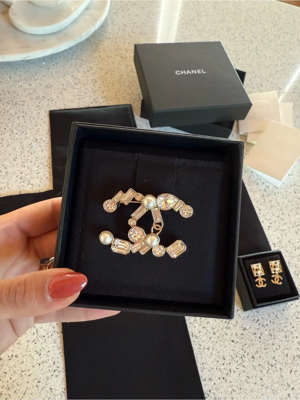 CHANEL Gold-Tone Double-C Brooch with Pearls and Clear Stones